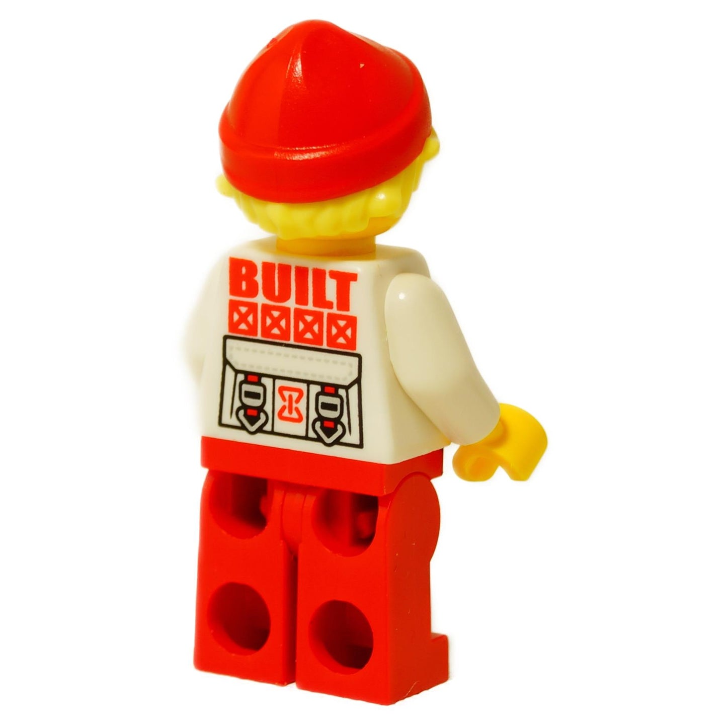 LEGO® minifigure Cooper wearing a white hoodie and red booster-style legs, character figure with printed details back profile view
