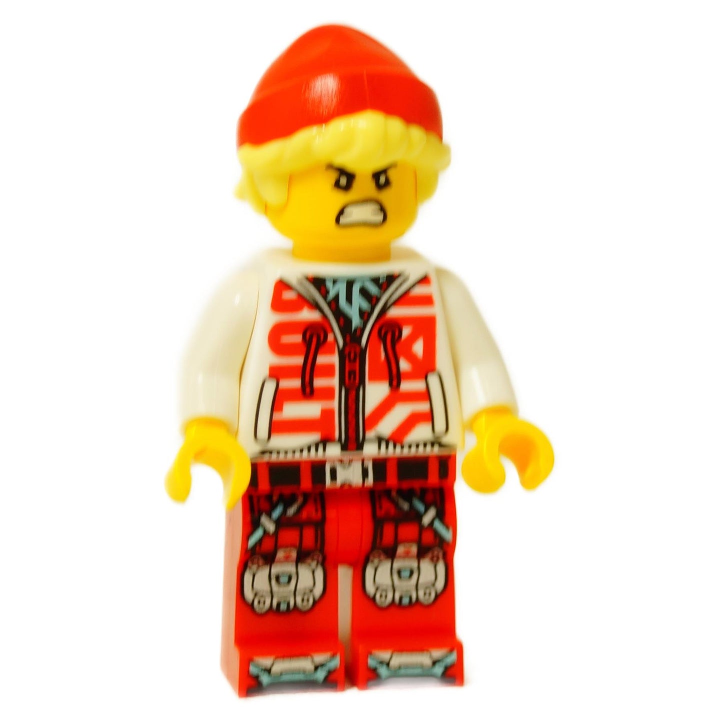LEGO® minifigure Cooper wearing a white hoodie and red booster-style legs, character figure with printed details
