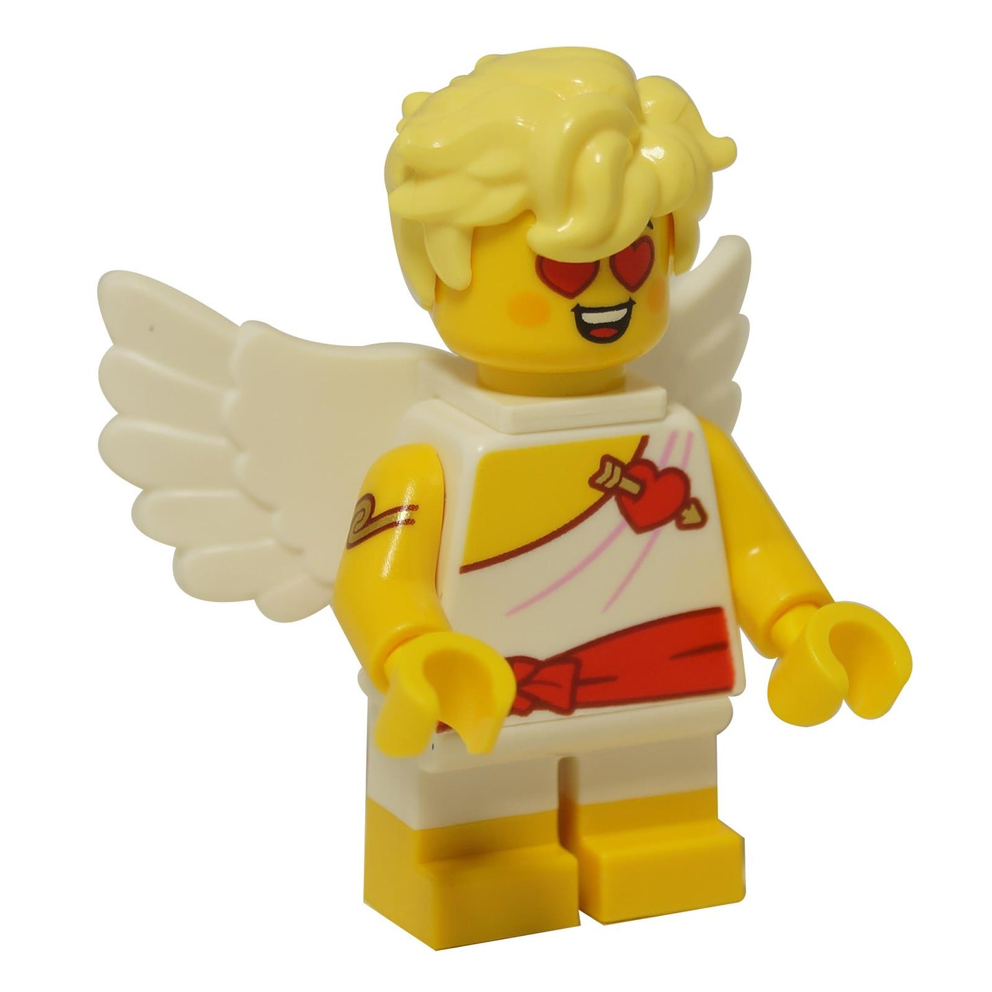 LEGO® Cupid minifigure from Series 27, winged character with white wings, curly blond hair, toga and red sash
