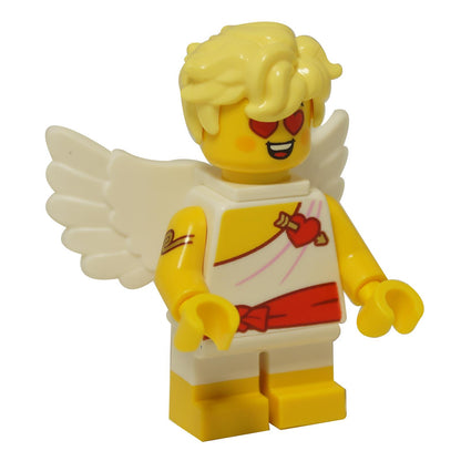 LEGO® Cupid minifigure from Series 27, winged character with white wings, curly blond hair, toga and red sash
