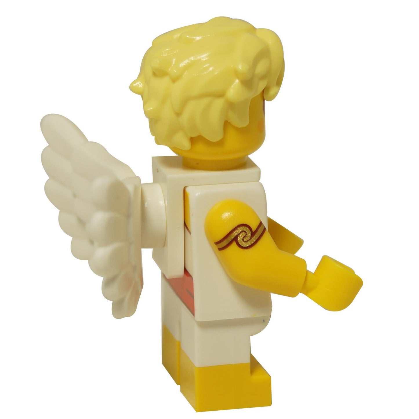 LEGO® Cupid minifigure from Series 27, side view showing white wings, toga print and classic yellow legs, side profile view
