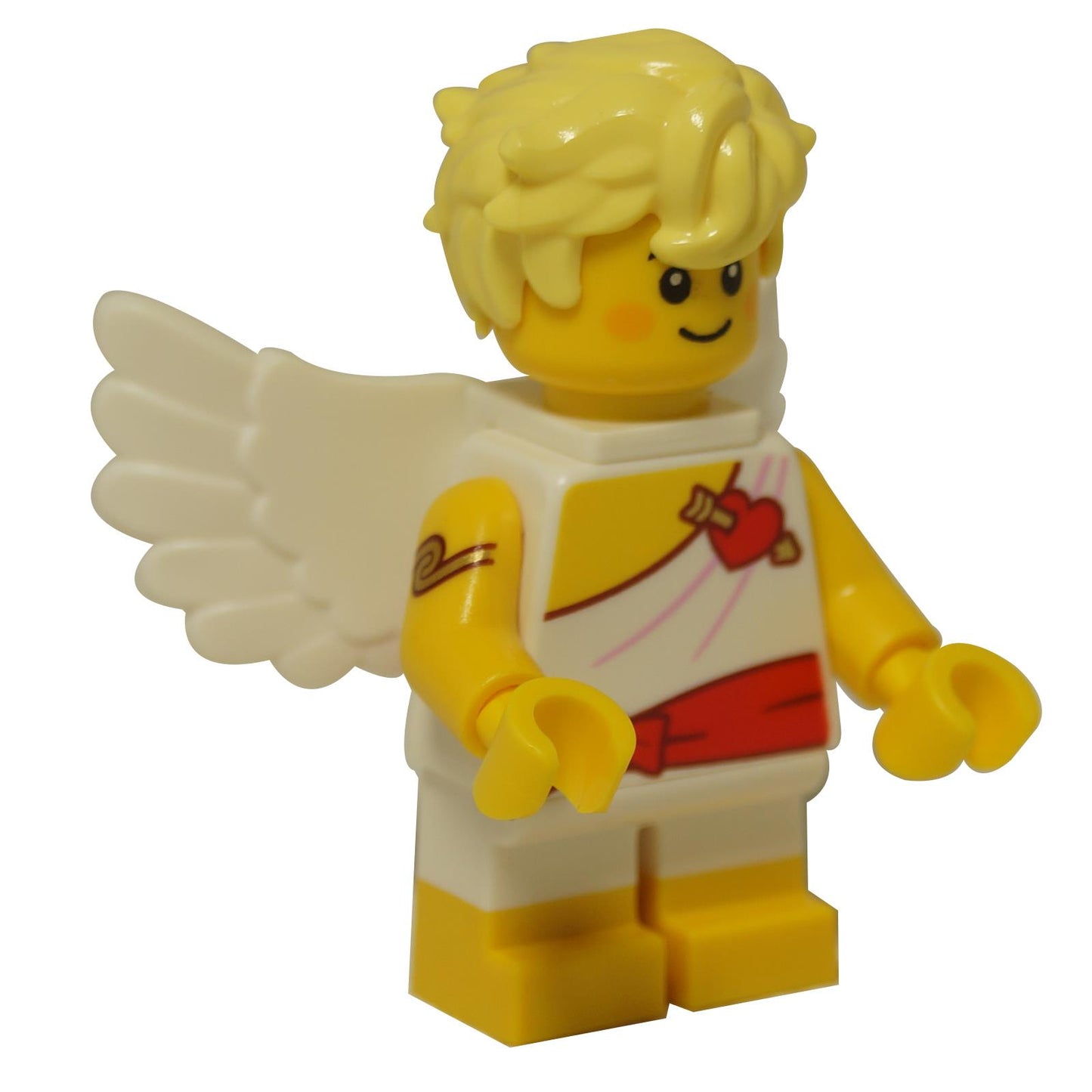 LEGO® Cupid minifigure from Series 27, side view showing white wings, toga print and classic yellow legs
