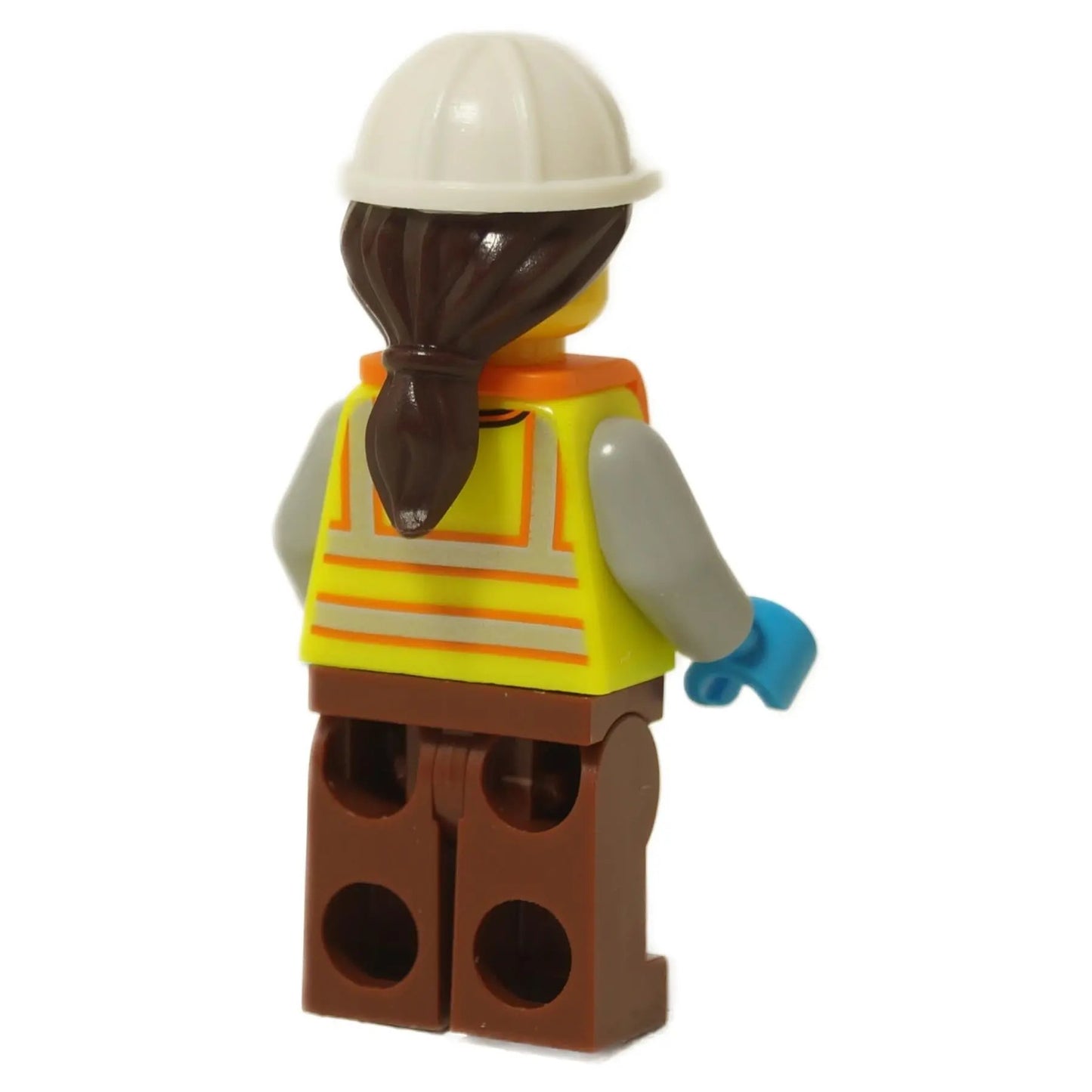 LEGO® female dock worker minifigure wearing a helmet, orange life jacket and vest, brown legs and work outfit back profile view
