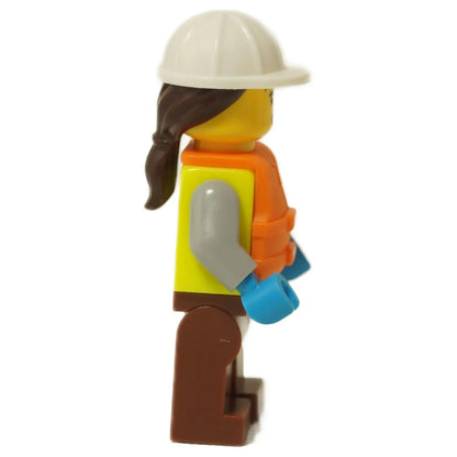 LEGO® female dock worker minifigure wearing a helmet, orange life jacket and vest, brown legs and work outfit side profile view
