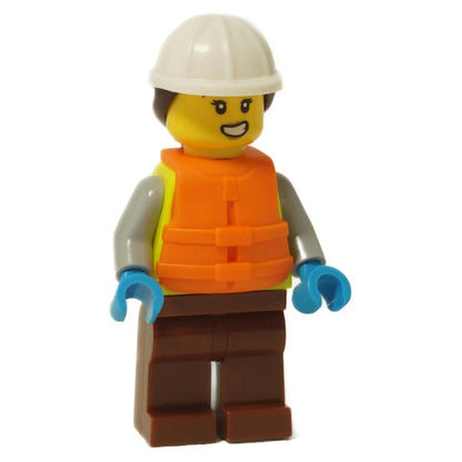 LEGO® female dock worker minifigure wearing a helmet, orange life jacket and vest, brown legs and work outfit
