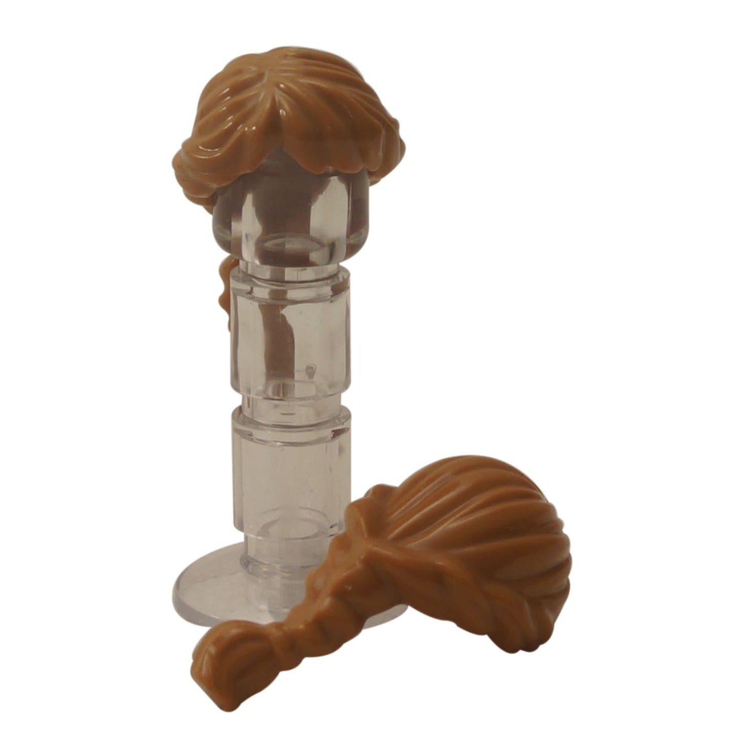 LEGO® female minifigure hair with long ponytail and French braided detail, elegant hairstyle for characters, medium nougat color
