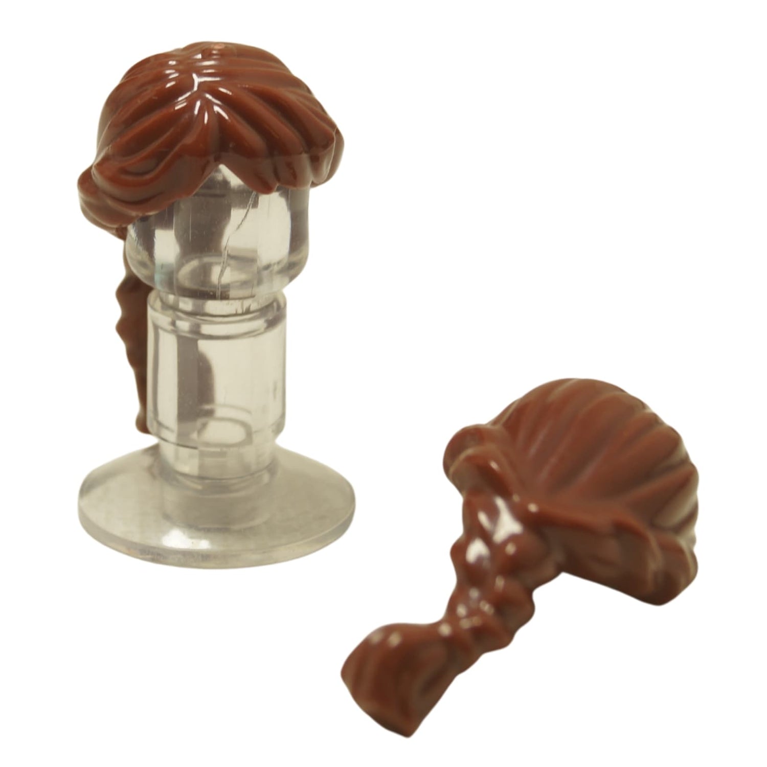 LEGO® female minifigure hair with long ponytail and French braided detail, elegant hairstyle for characters, reddish brown color
