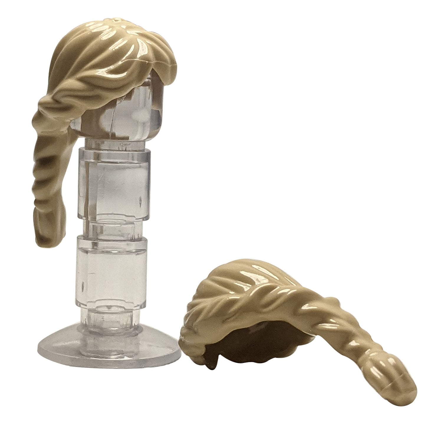 LEGO® female minifigure hair with long ponytail and French braided detail, elegant hairstyle for characters, tan color
