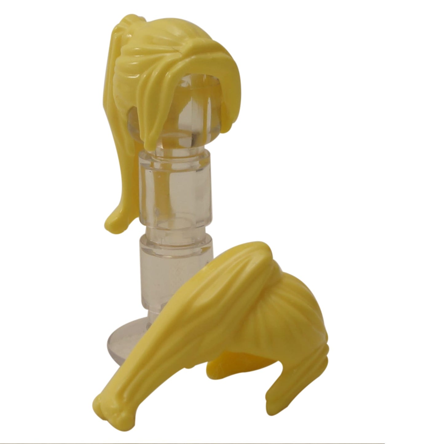 LEGO® női minifigura haj hosszú lófarokkal és oldalt fésült frufruval, sima, áramló stílus modern karakterekhez, élénk világos sárga szín
