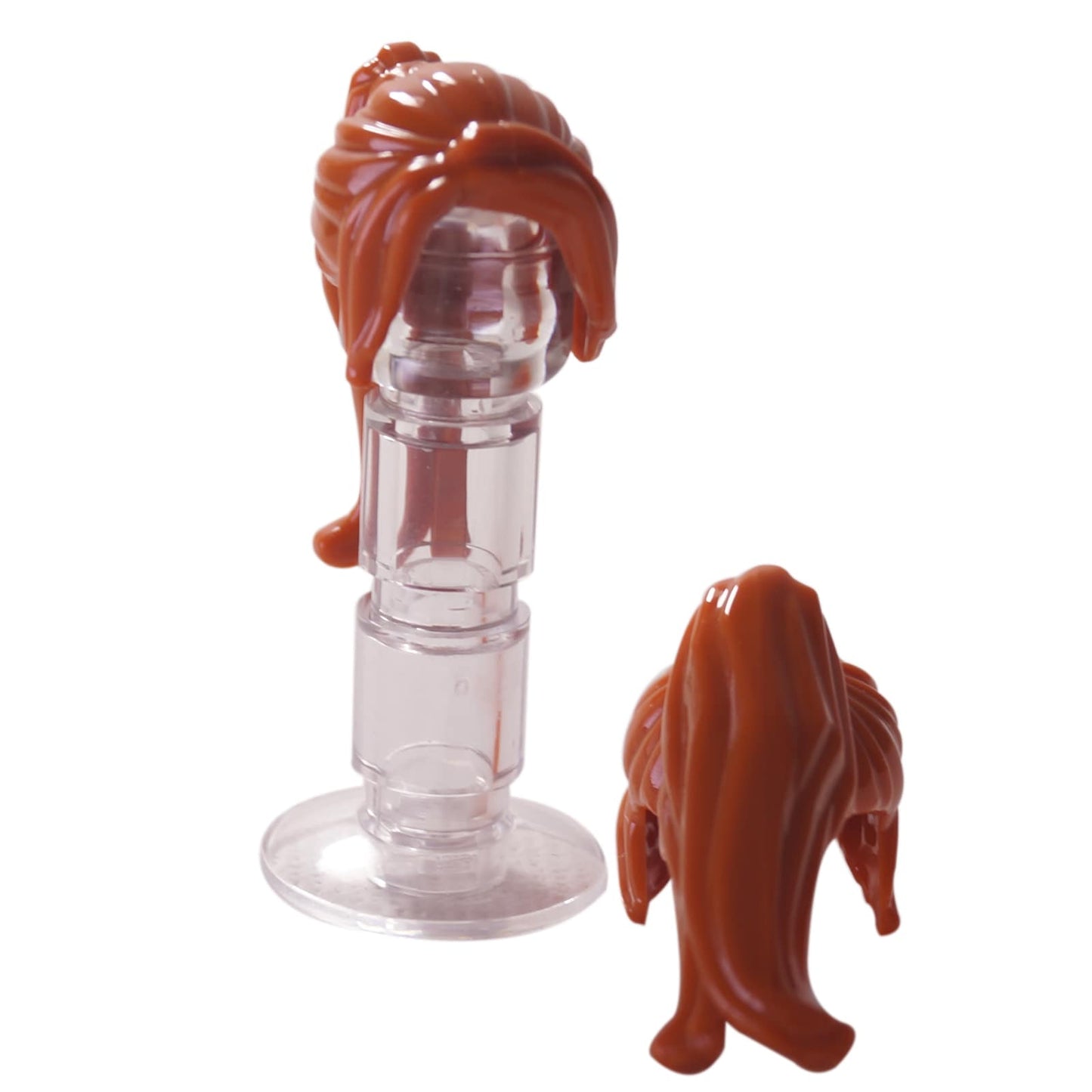LEGO® női minifigura haj hosszú lófarokkal és oldalt fésült frufruval, sima, áramló stílus modern karakterekhez, sötét narancs szín
