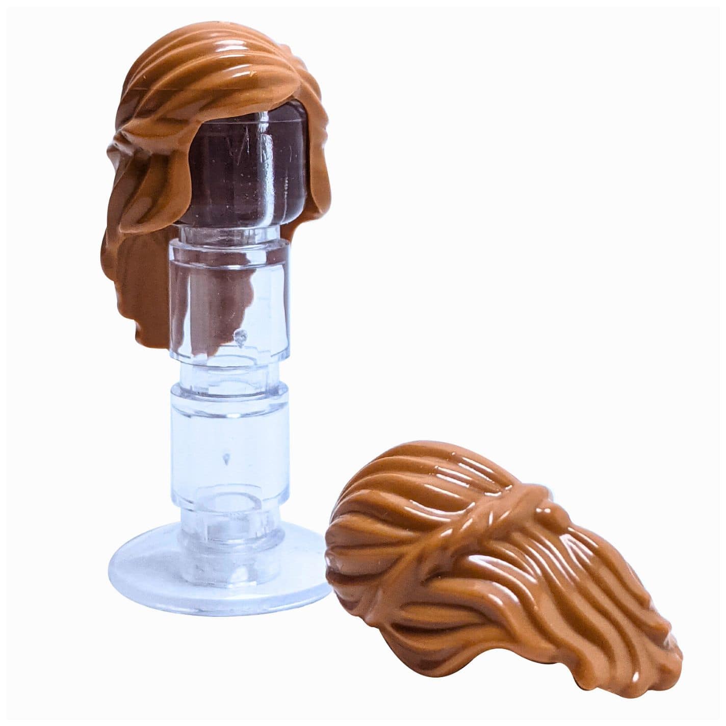 LEGO® cheveux de minifigure féminine avec un style de longueur intermédiaire et un détail tressé entourant les côtés, profil arrière lisse, nougat moyen
