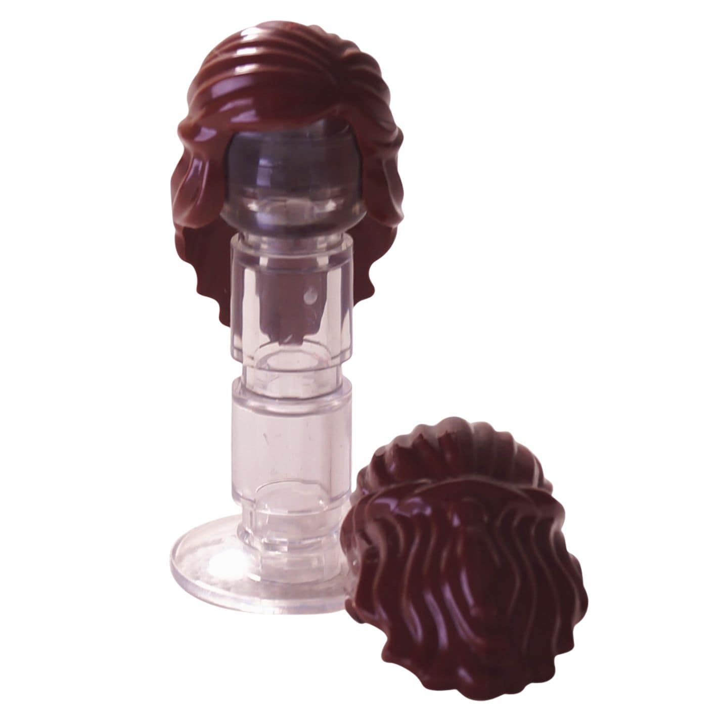 LEGO® cheveux de minifigure féminine avec un style de longueur intermédiaire et un détail tressé entourant les côtés, profil arrière lisse, brun rougeâtre