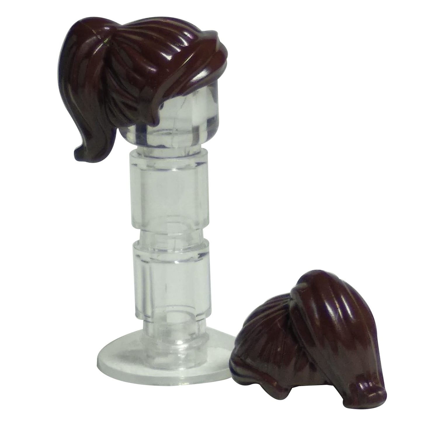 LEGO® female minifigure hair with long ponytail and swept sideways fringe, dynamic hairstyle for modern characters, dark brown color

