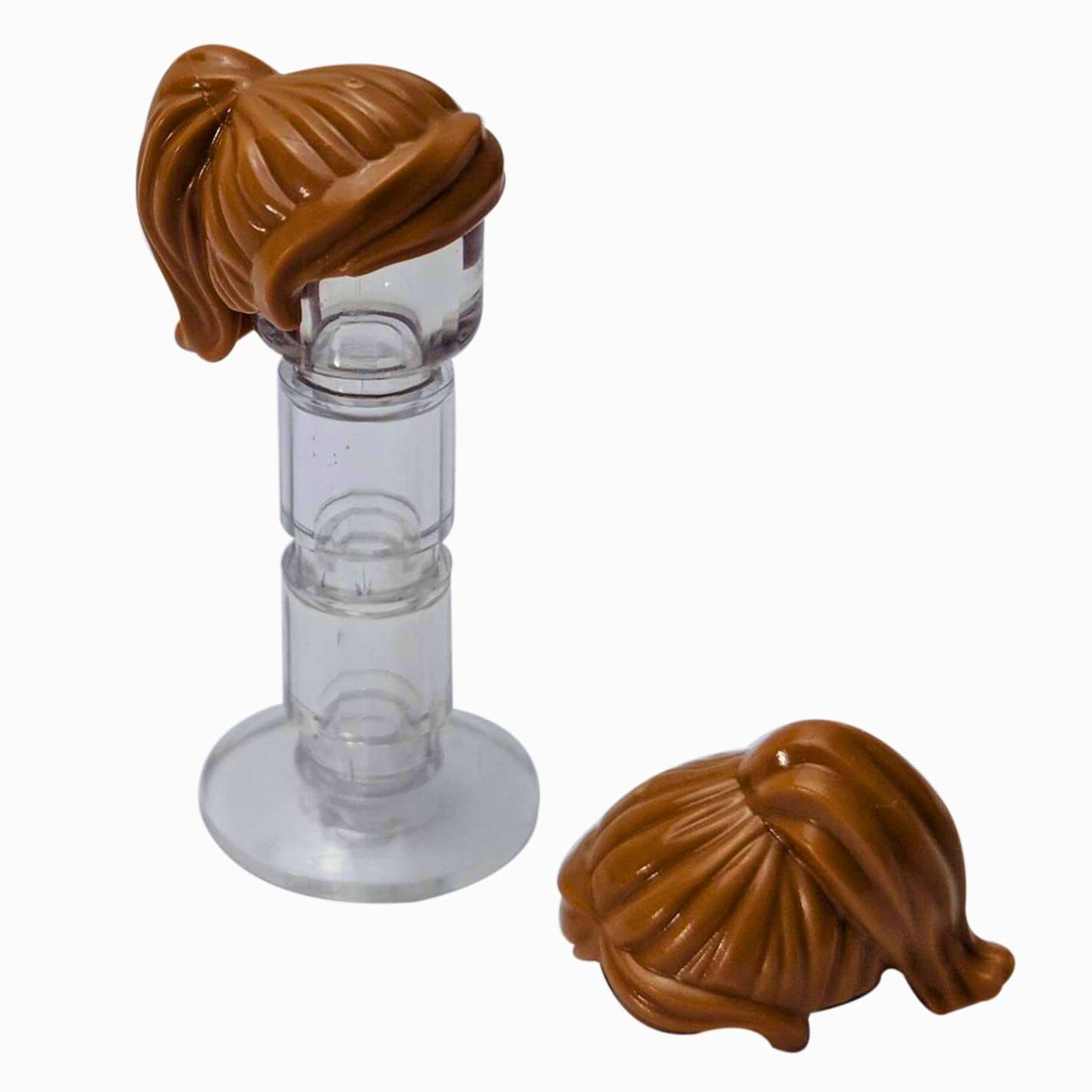 LEGO® female minifigure hair with long ponytail and swept sideways fringe, dynamic hairstyle for modern characters, medium nougat color
