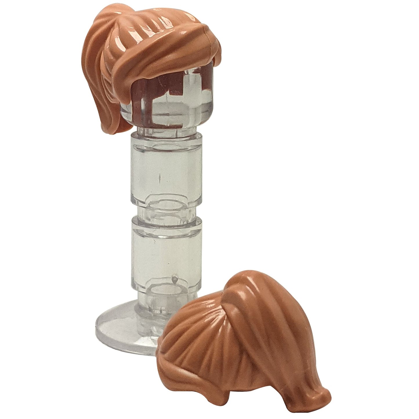 LEGO® female minifigure hair with long ponytail and swept sideways fringe, dynamic hairstyle for modern characters, nougat color
