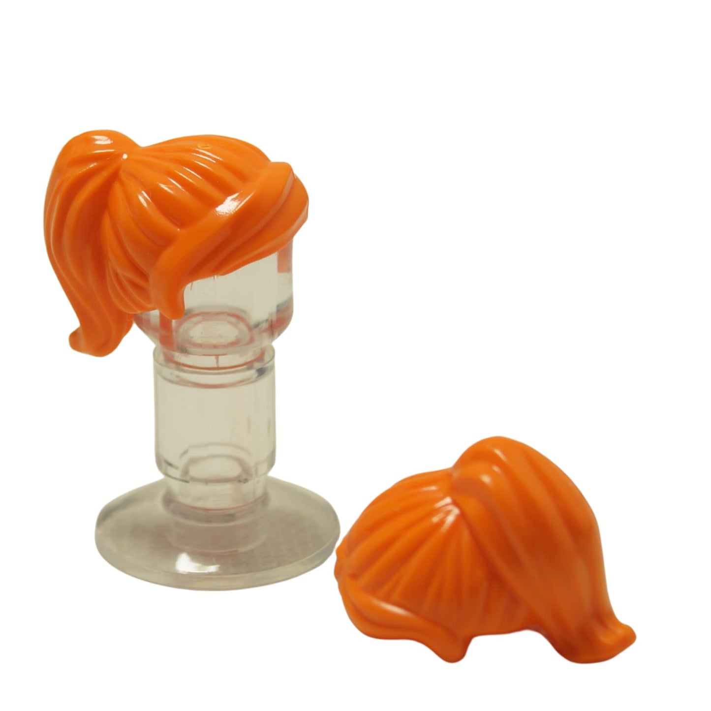 LEGO® female minifigure hair with long ponytail and swept sideways fringe, dynamic hairstyle for modern characters, orange color
