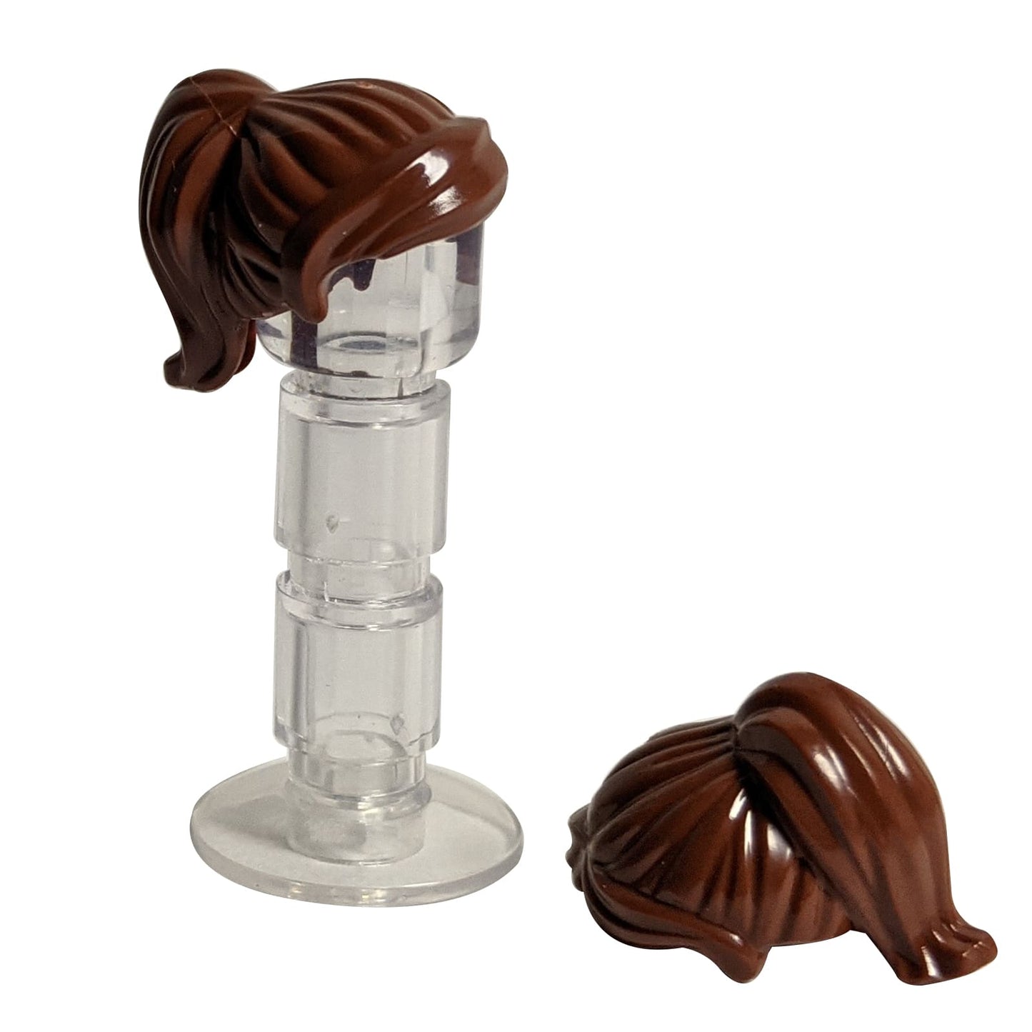 LEGO® female minifigure hair with long ponytail and swept sideways fringe, dynamic hairstyle for modern characters, red/dish brown color
