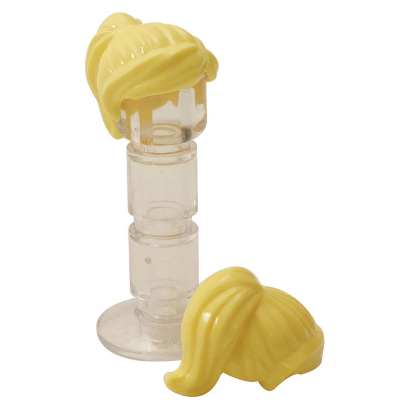LEGO® female minifigure hair with long ponytail and swept sideways fringe, dynamic hairstyle for modern characters, bright light yellow color
