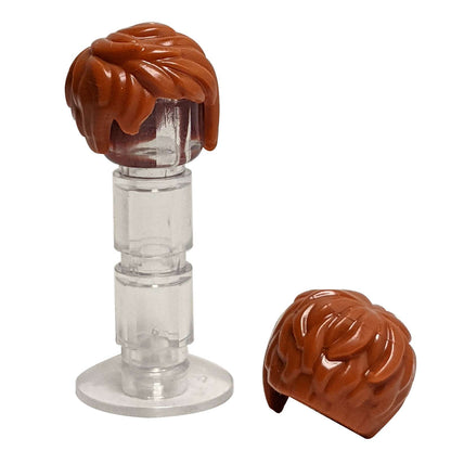 LEGO® minifigure short tousled female hair with side part in dark orange, detailed modern hairstyle piece.
