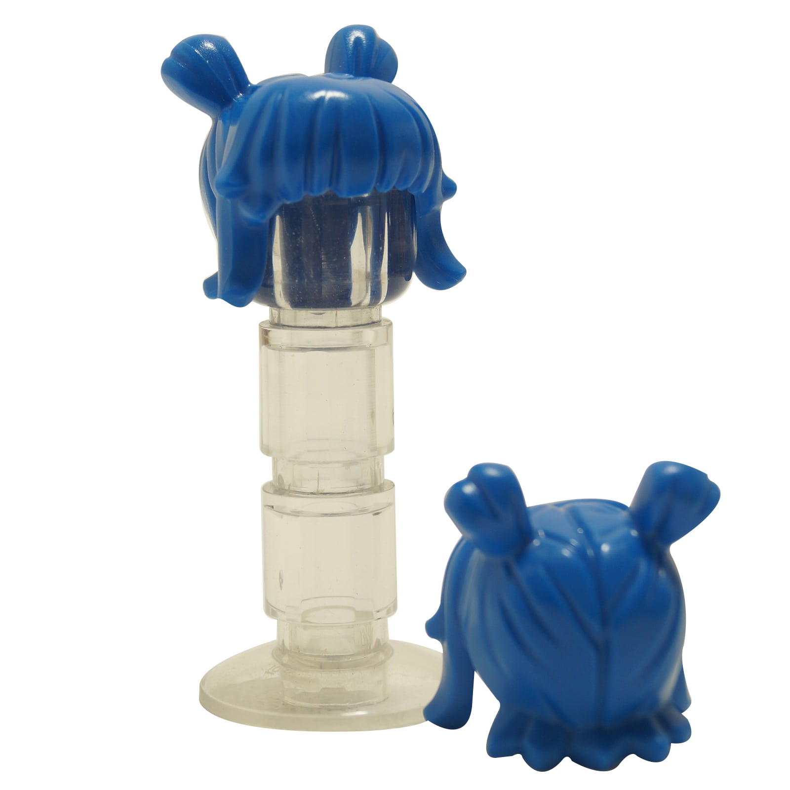 LEGO® female minifigure hair with space buns and thick straight bangs, modern playful hairstyle for characters, blue color
