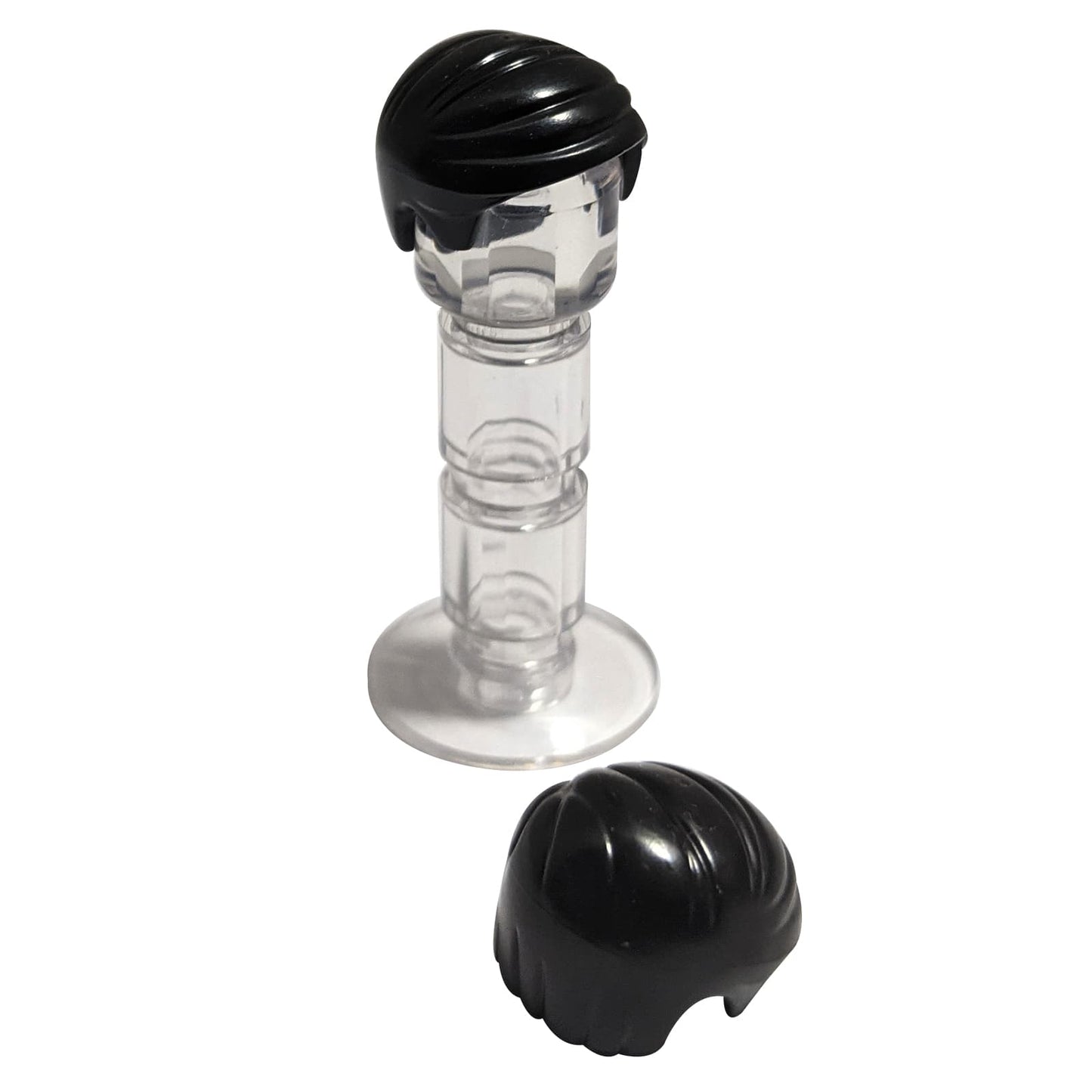 LEGO® minifigure hair piece 99930 in black, short combed hairstyle swept to the left, smooth molded plastic hair part
