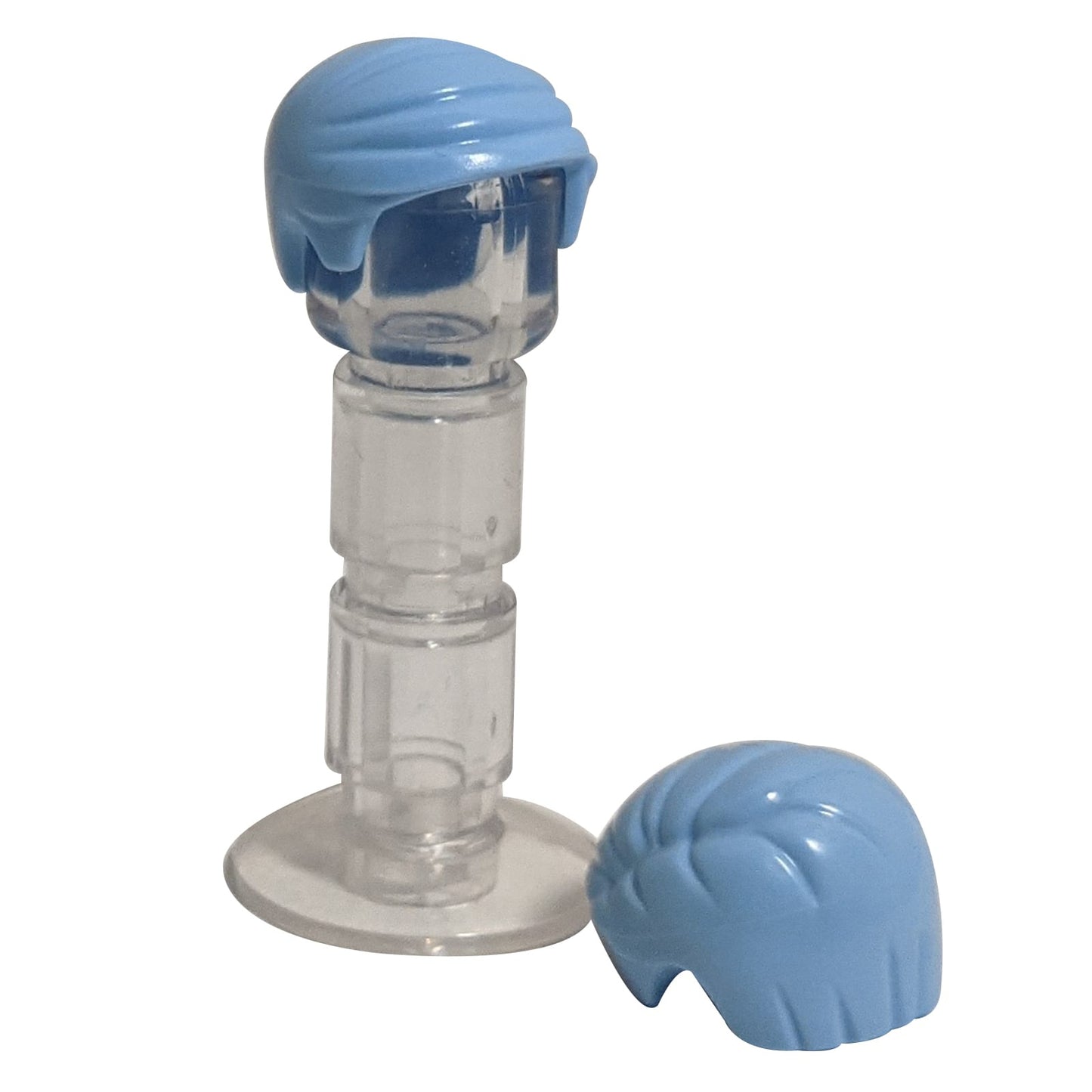 LEGO® minifigure hair piece 99930 in bright light blue, short combed hairstyle swept to the left, smooth molded plastic hair part
