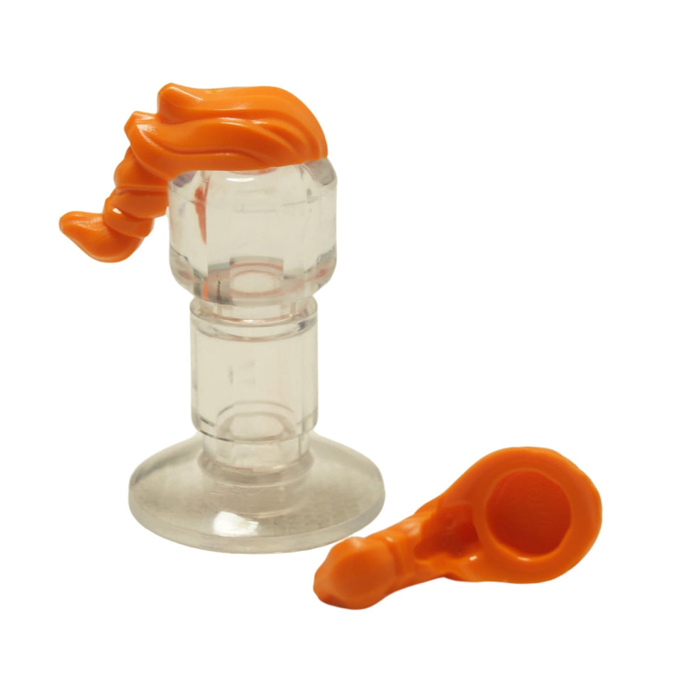 LEGO® minifigure hair with narrow swept-back style and attached ponytail, sleek profile for modern or action characters, orange color
