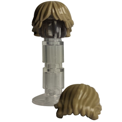 LEGO® minifigure hair with tousled layered style, natural textured look for casual or modern characters, dark tan color
