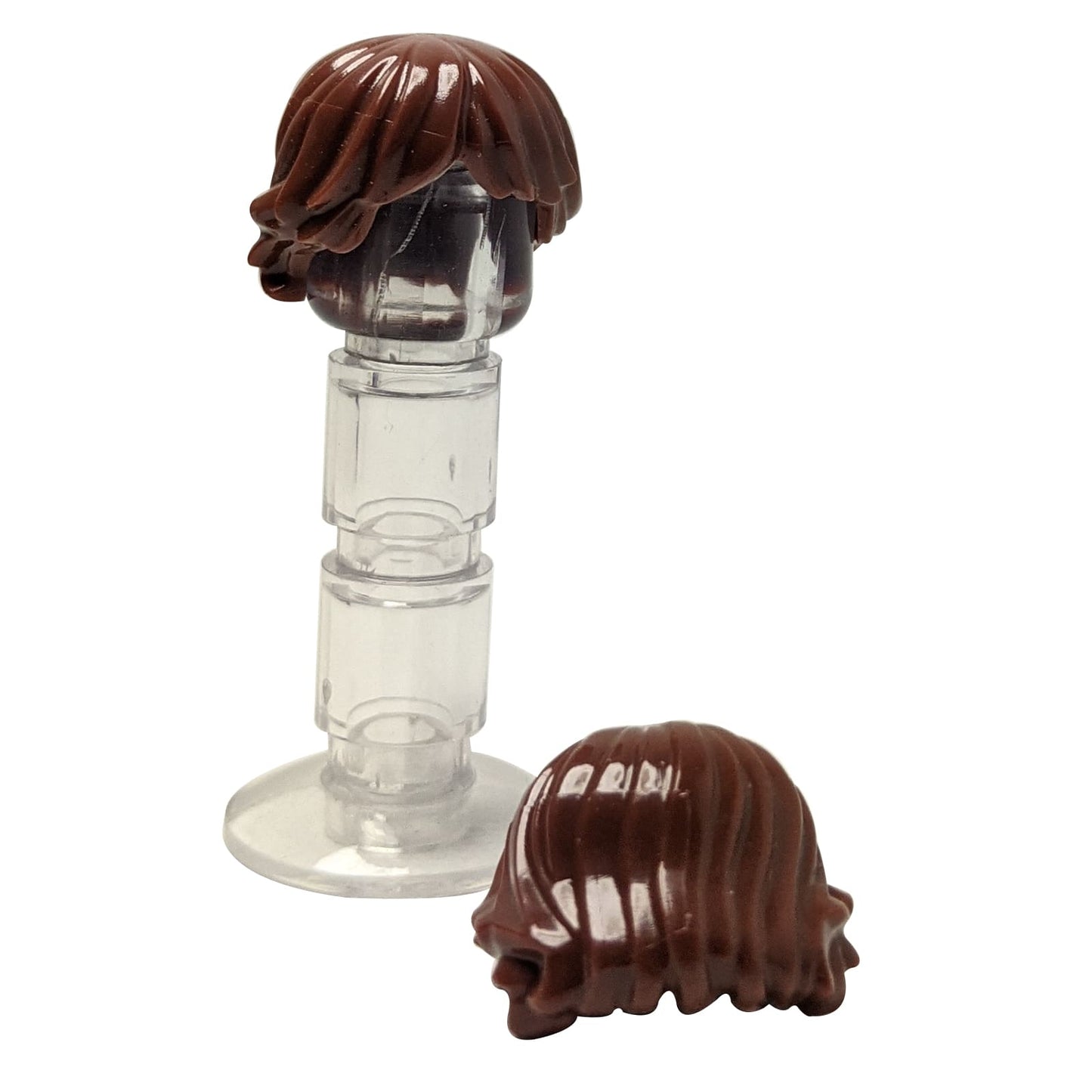 LEGO® minifigure hair with tousled layered style, natural textured look for casual or modern characters, reddish brown color
