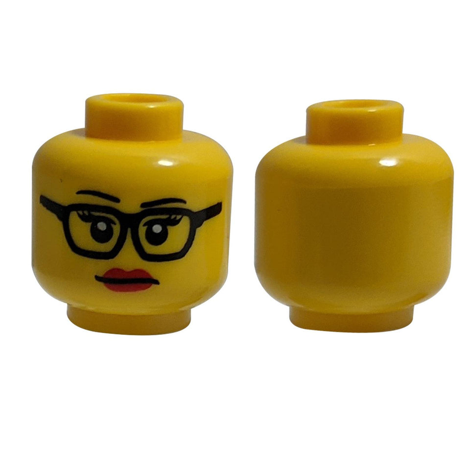 LEGO® Minifigure Female Head (3626pb0912) with black glasses, long eyelashes, and bright red lips.