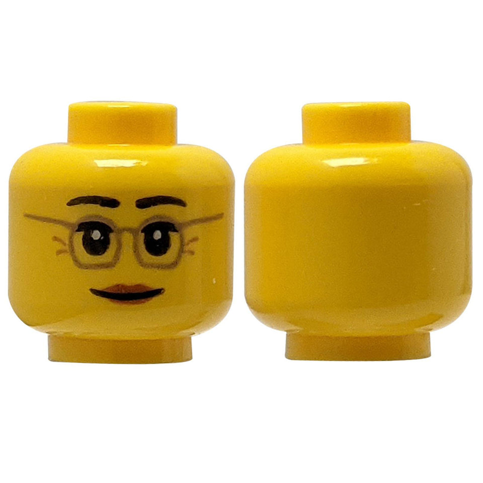 LEGO® Minifigure Female Head (3626pb1398) with dark tan glasses, laugh lines, and dark orange lips.