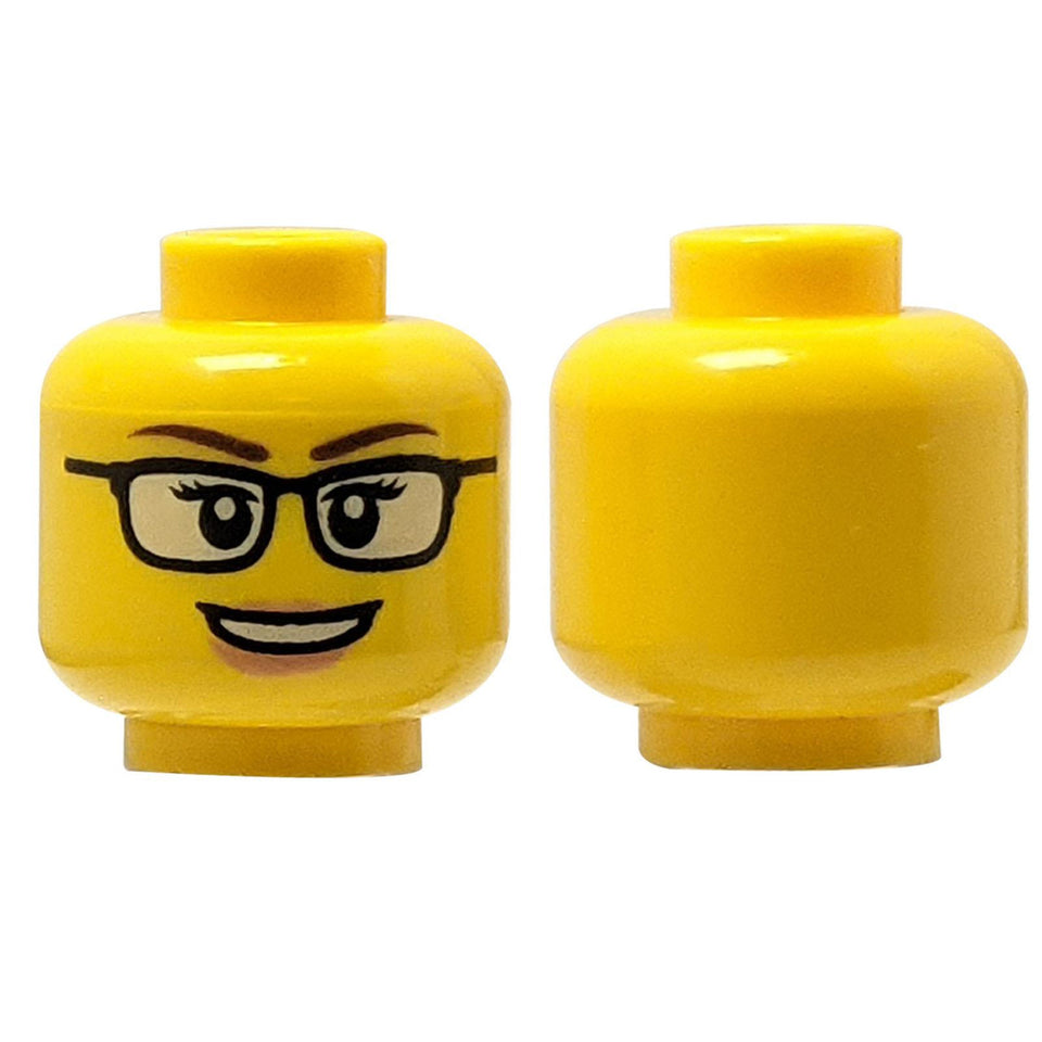 LEGO® Minifigure Female Head (3626pb1567) with black glasses, freckles, and a friendly smile.