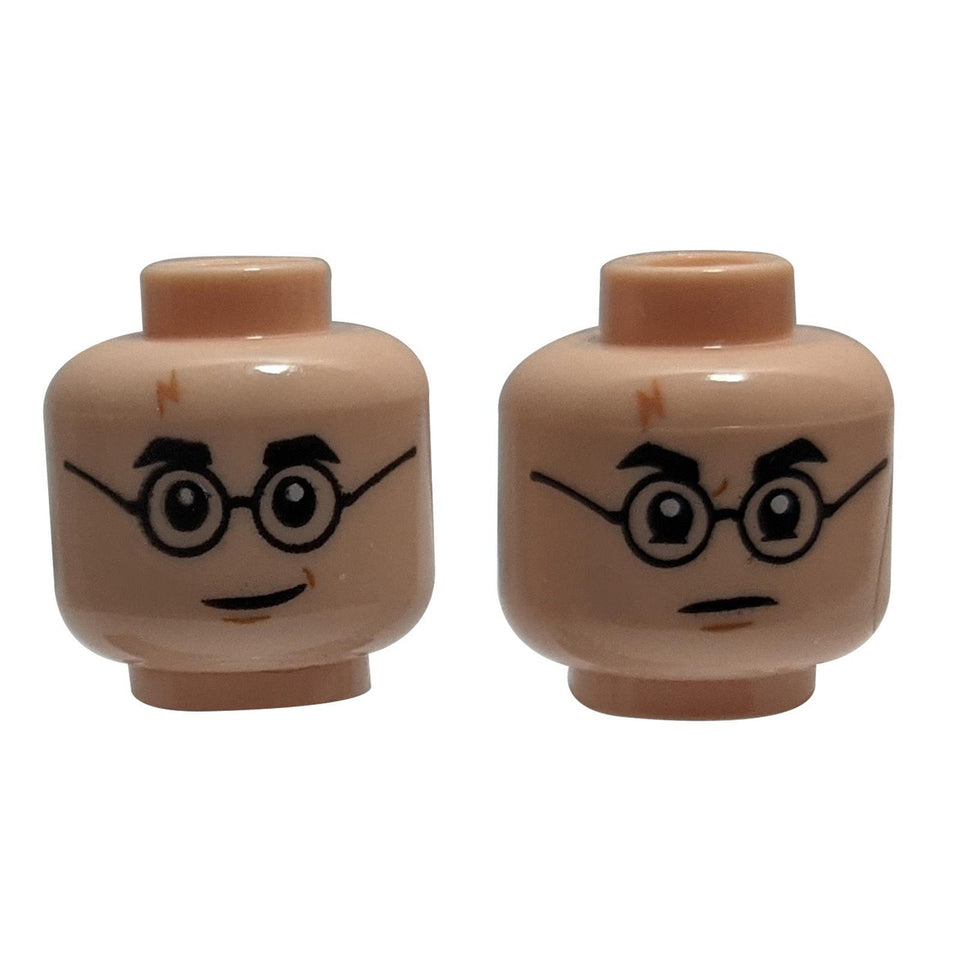 LEGO® Minifigure Head (3626pb2413), Dual Sided. Side 1: Friendly smile with glasses and a lightning scar. Side 2: Angry expression.