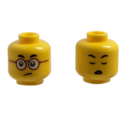 LEGO® Minifigure Head (3626pb3211), Dual Sided. Side 1: Sad expression with dark red glasses. Side 2: Eyes closed peacefully.