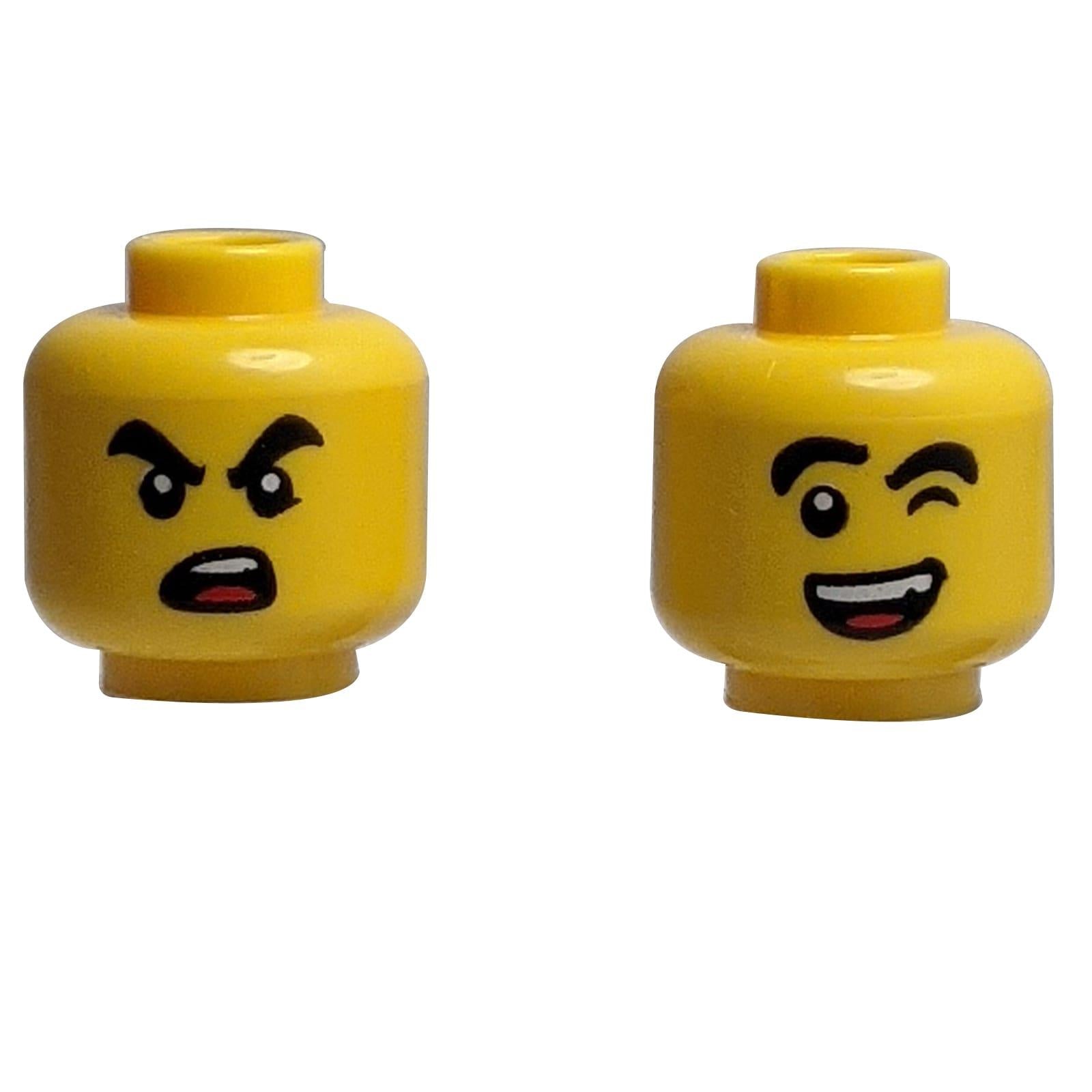 Amarillo Cabeza de minifigura LEGO 3626pb3496 de doble cara con sonrisa guiñando y cara enojada.