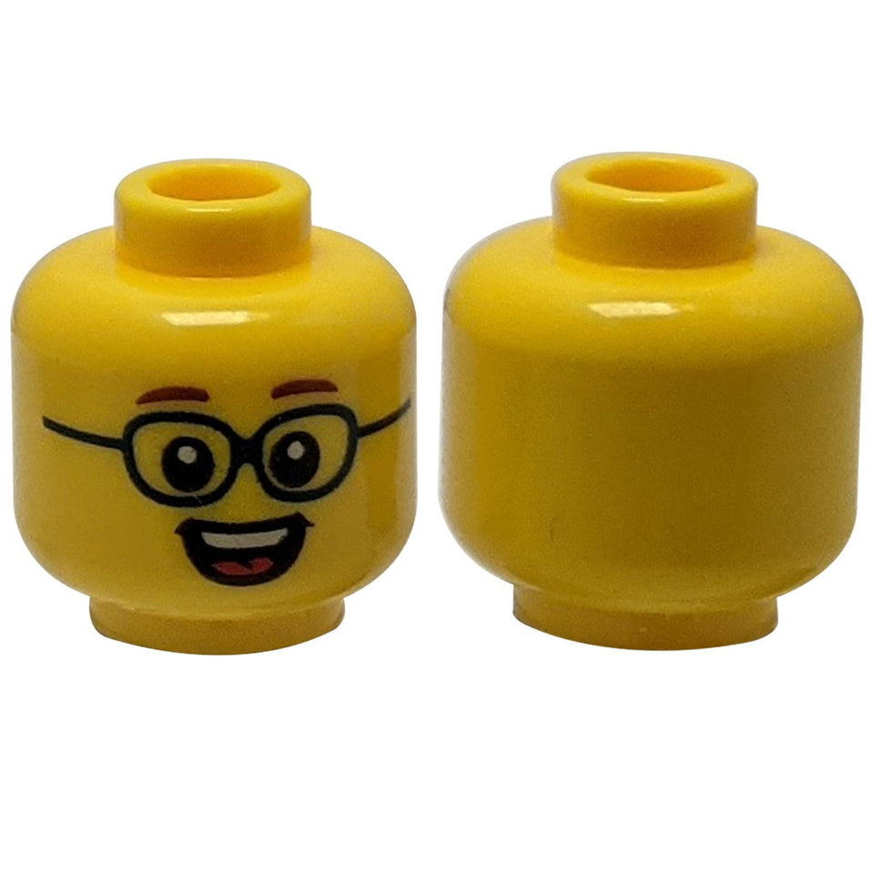 LEGO® Minifigura Cabeza con gafas azul oscuro y una amplia sonrisa de boca abierta que muestra dientes y lengua.