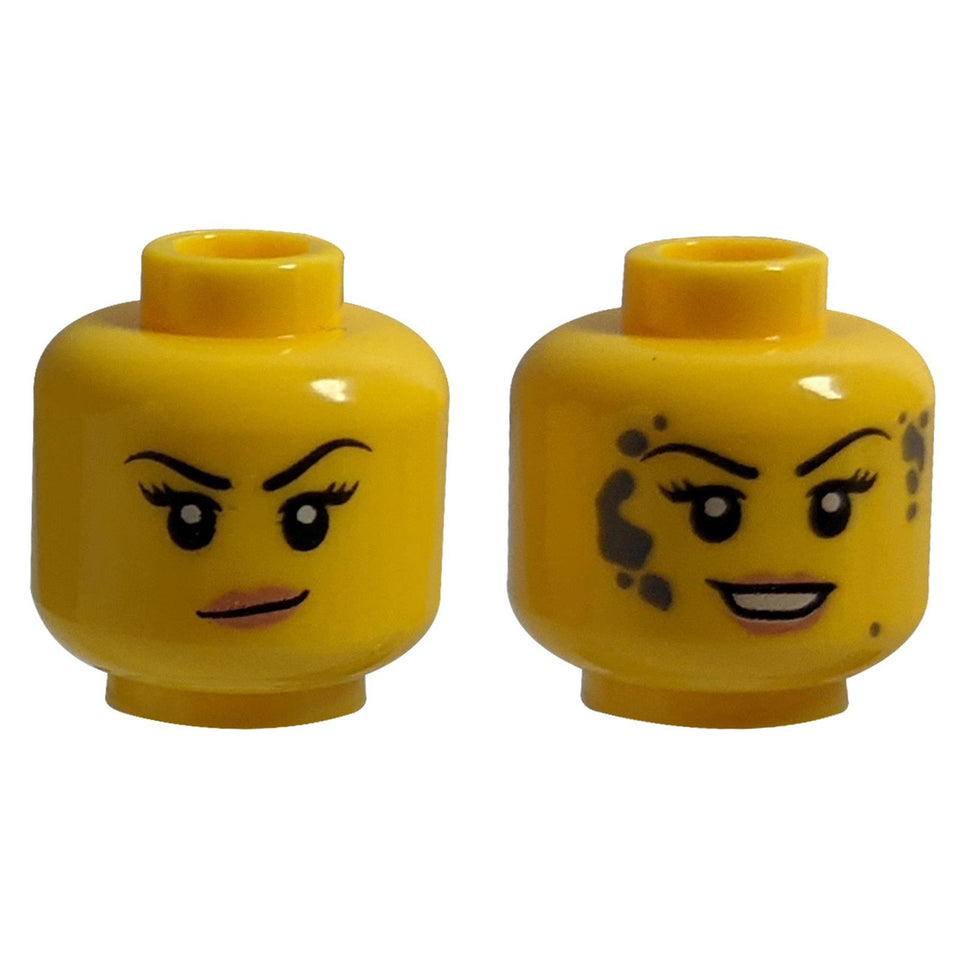 LEGO® Minifigura Testa, Doppia Faccia. Lato 1: Sorriso con labbra pesca. Lato 2: Sorriso gioioso con macchie di vernice colorate.