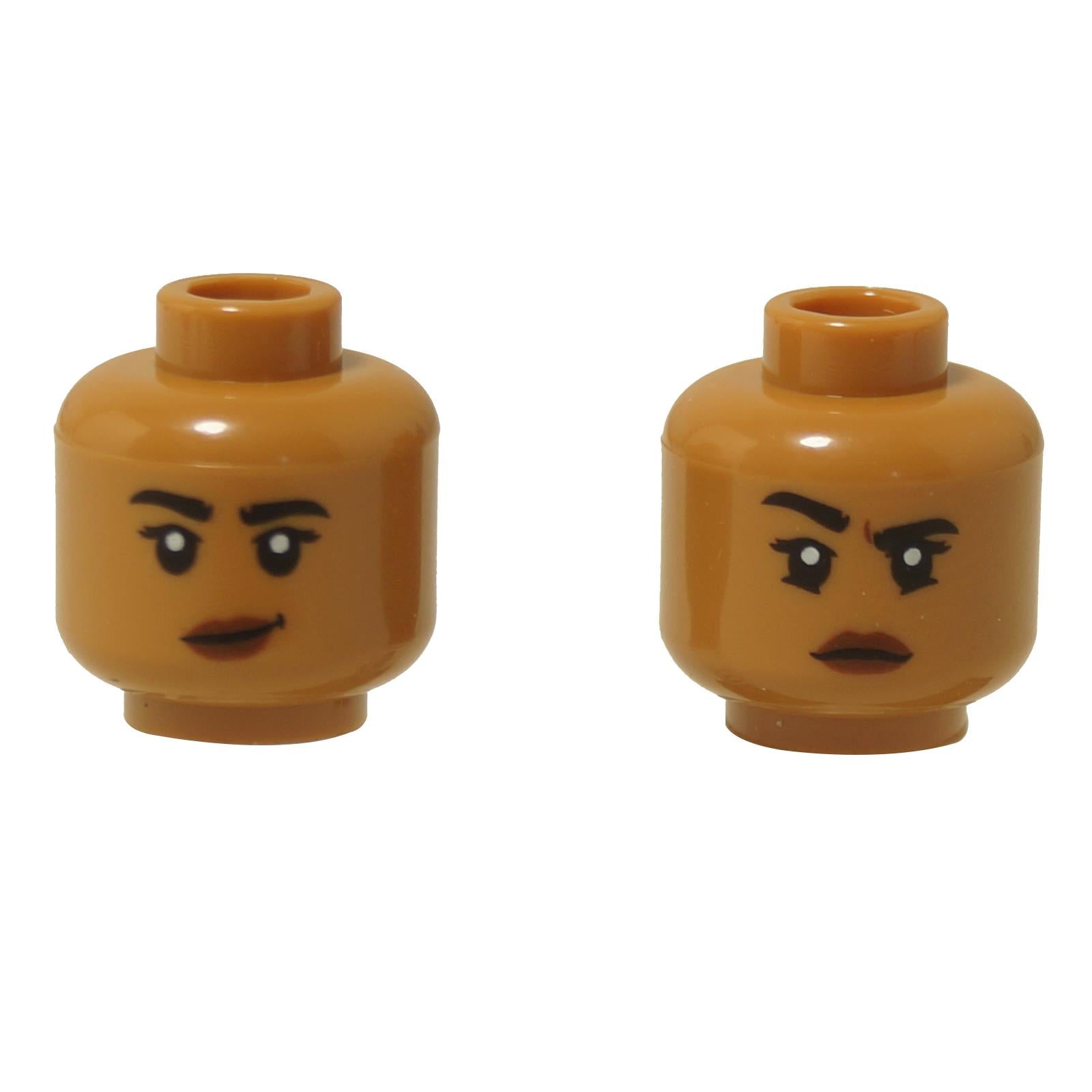 LEGO® minifigure female head, dual-sided face with confident smirk on one side and raised eyebrow expression on the other
