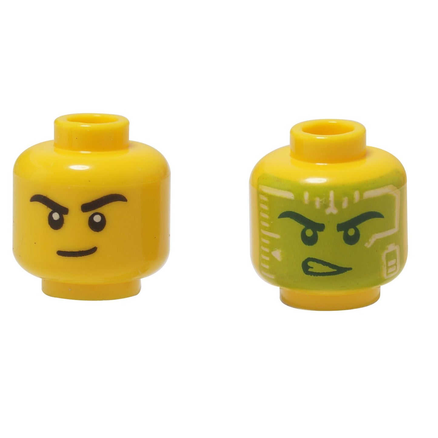  LEGO® oboustranná hlava minifigurky (3626pb3581), zobrazující jak normální usmívající se obličej, tak alternativní obličej se zeleným HUD displejem.