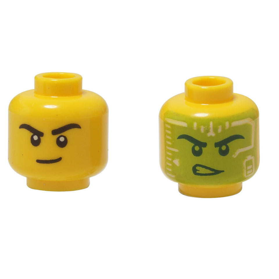  LEGO® testa di minifigura doppia faccia (3626pb3581), che mostra sia il volto normale con un sorriso che il volto alternativo con un display HUD verde.