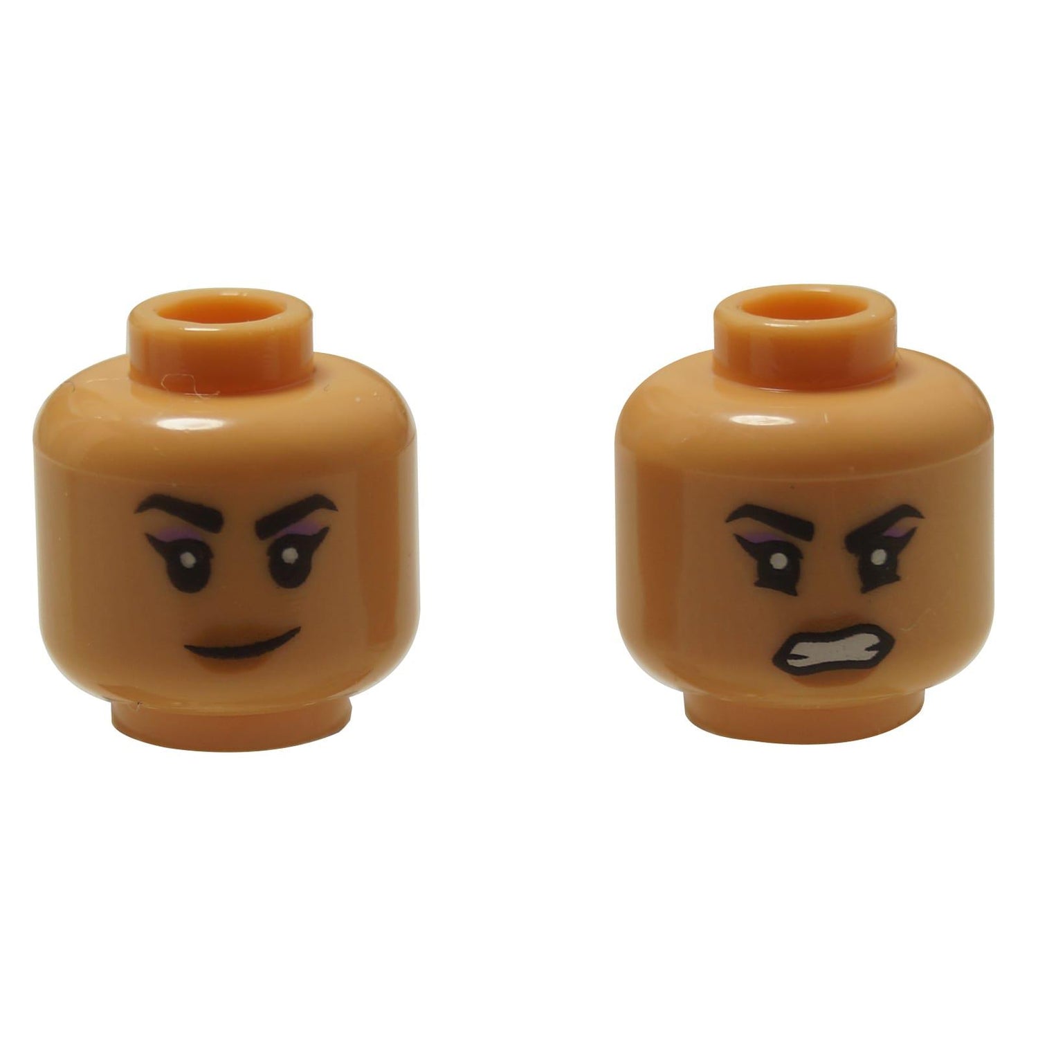 Lego Średni Nougat Głowa kobiecej minifigurki 3626pb3897 z lawendowym cieniem do powiek i podwójnym wyrazem twarzy.