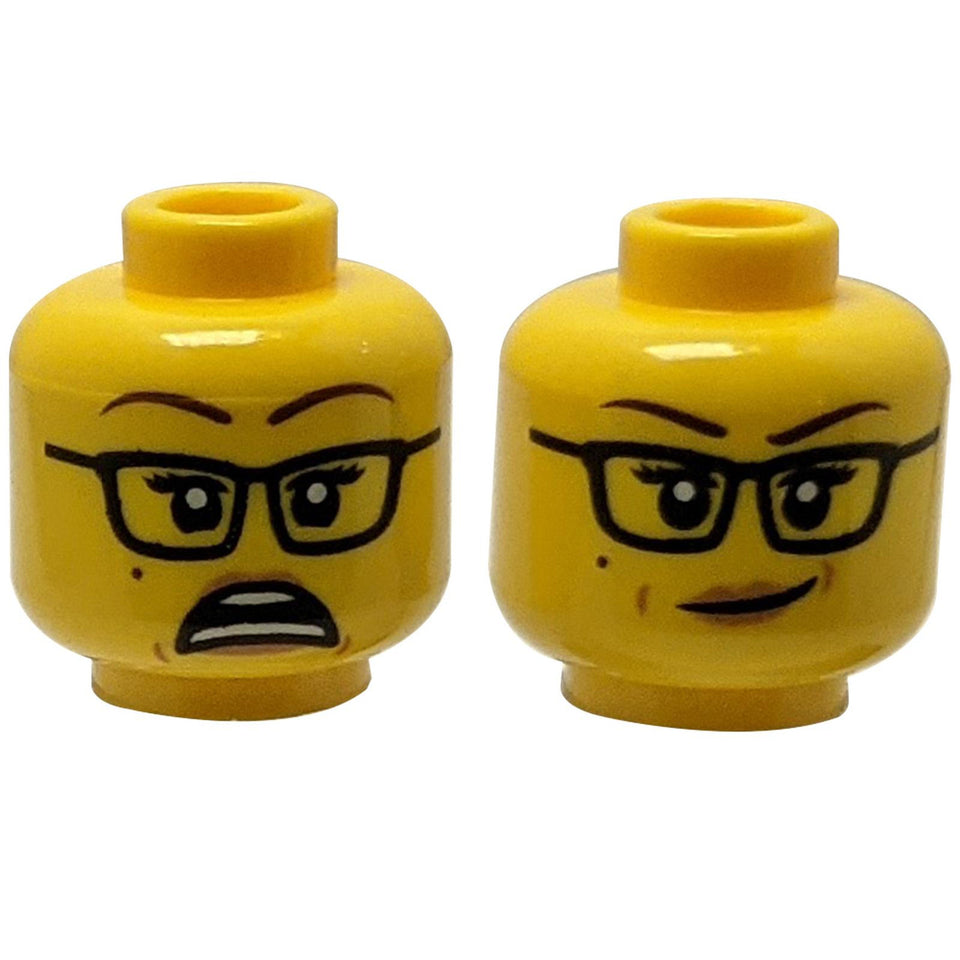 LEGO® Minifigure Female Head, Dual Sided. Side 1: Scared expression with glasses and a beauty mark. Side 2: Confident lopsided smirk.