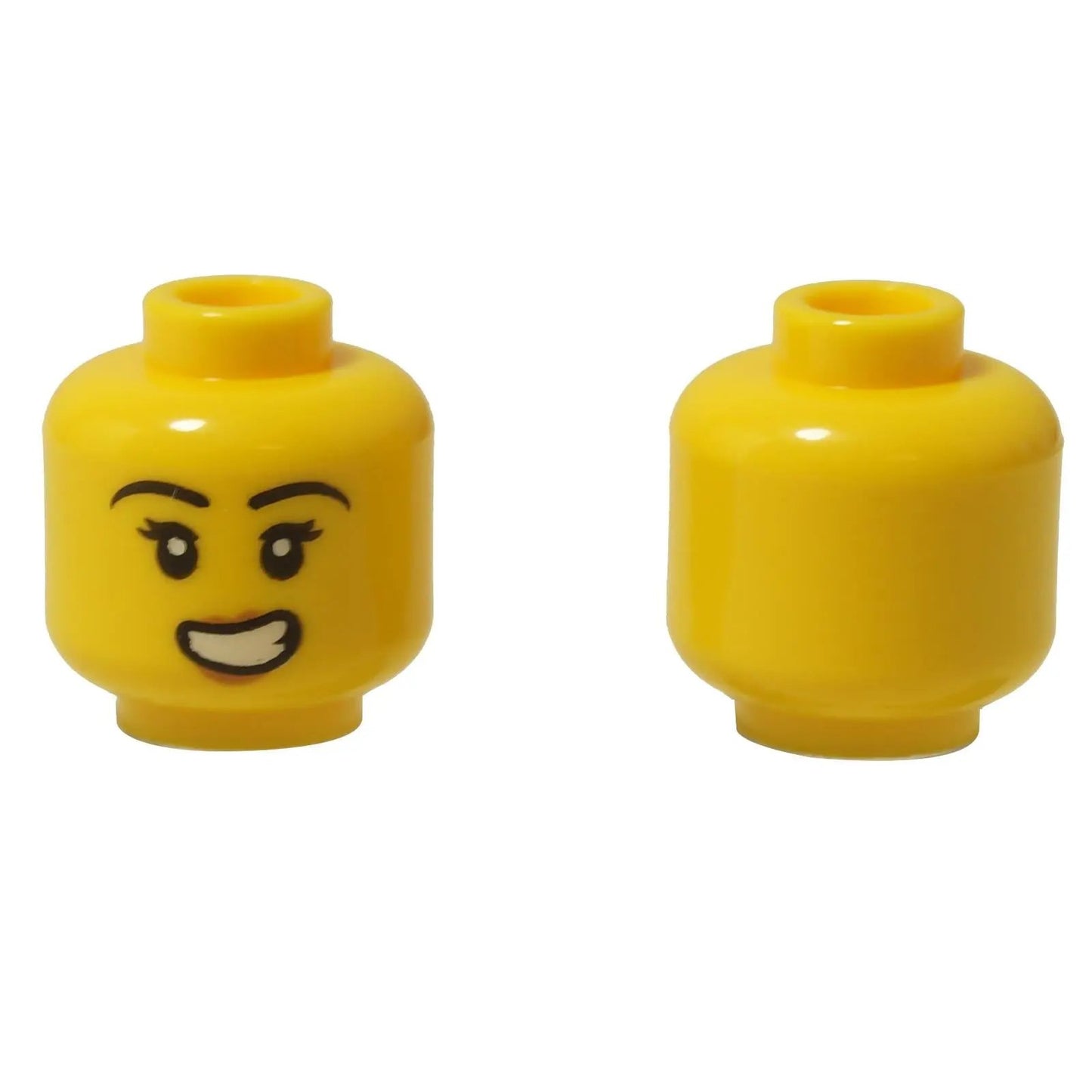 LEGO® Ženská Minifigurka hlava s velkým, nesouměrným úsměvem s otevřenými ústy a dvojitými řasami. Pohled zepředu a zezadu.