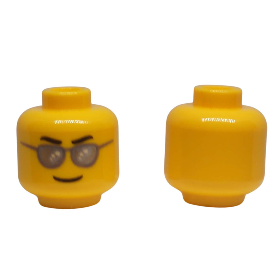LEGO minifigure head sunglasses grin black eyebrows silver lenses
