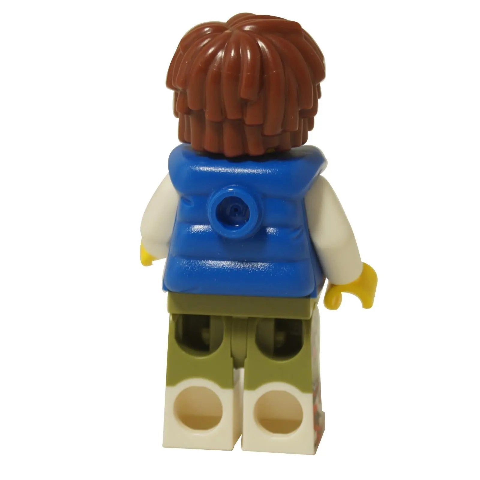 LEGO® minifigure Mateo portant un t-shirt graphique Z-Blob et un gilet bleu, figurine de personnage avec des jambes imprimées et des cheveux en désordre vue de dos
