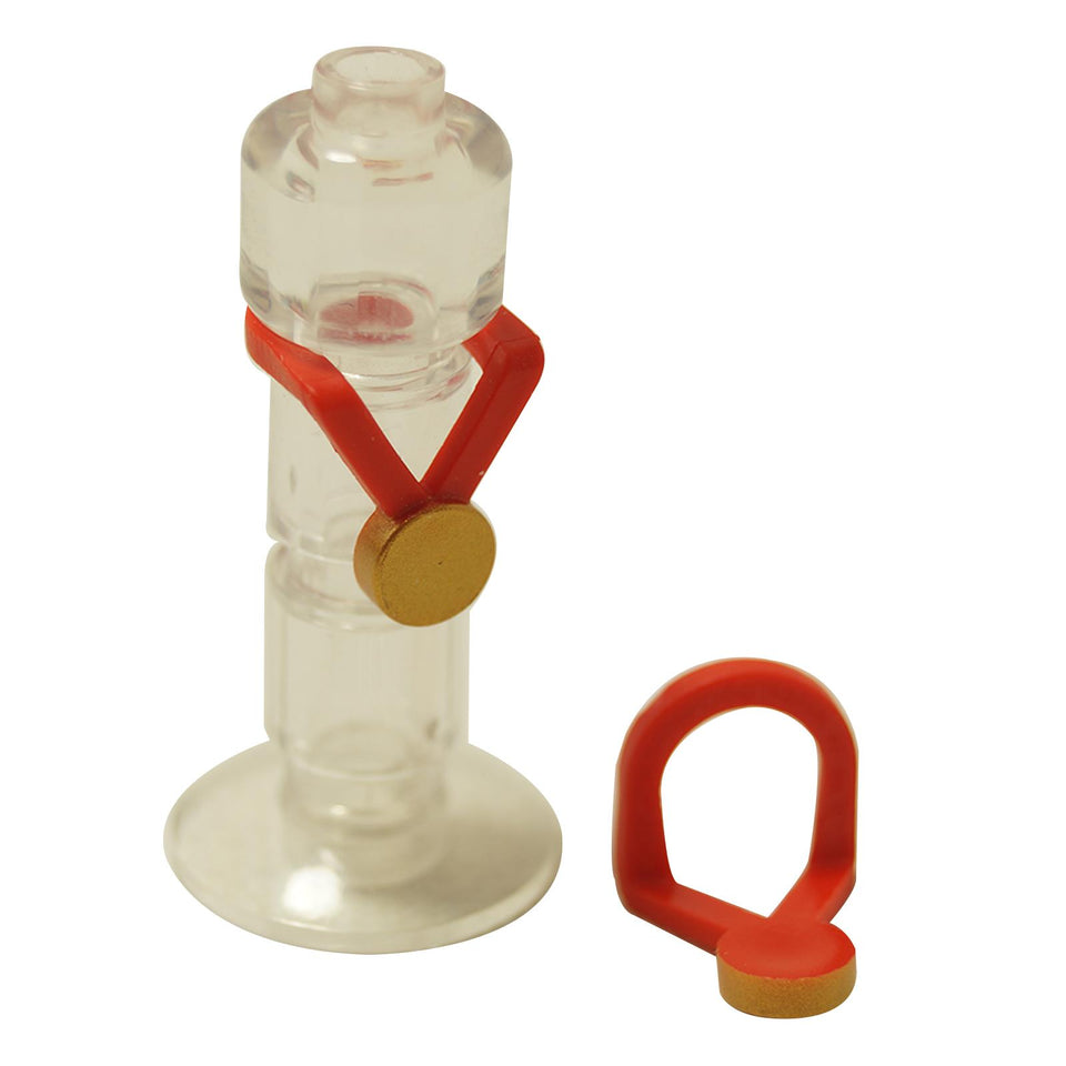 LEGO® minifigure medal accessory with red ribbon and round gold medallion, shown assembled and as separate parts
