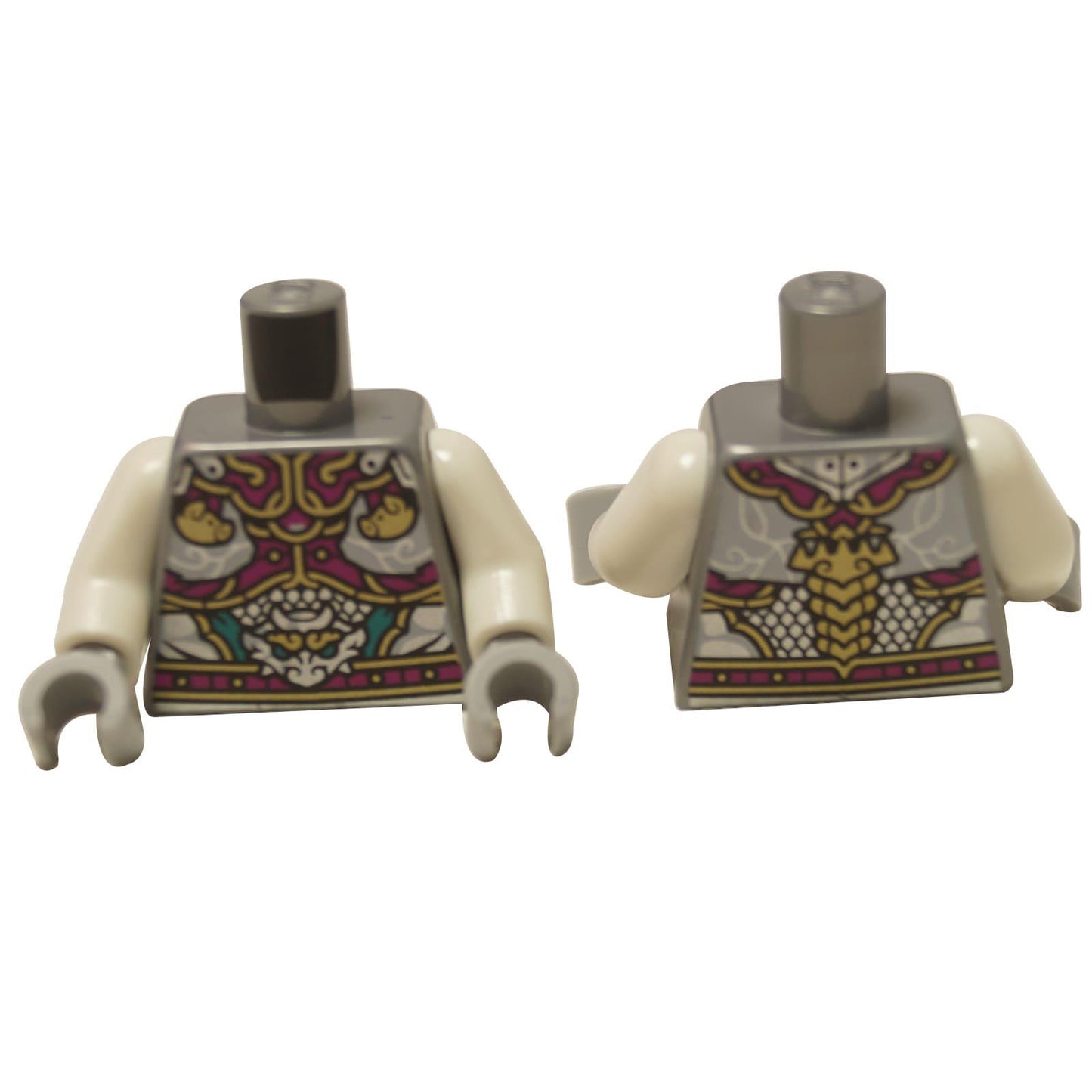 LEGO® minifigure ornate armor torso with detailed dragon emblem and pig motif print, decorative fantasy-style chest armor
