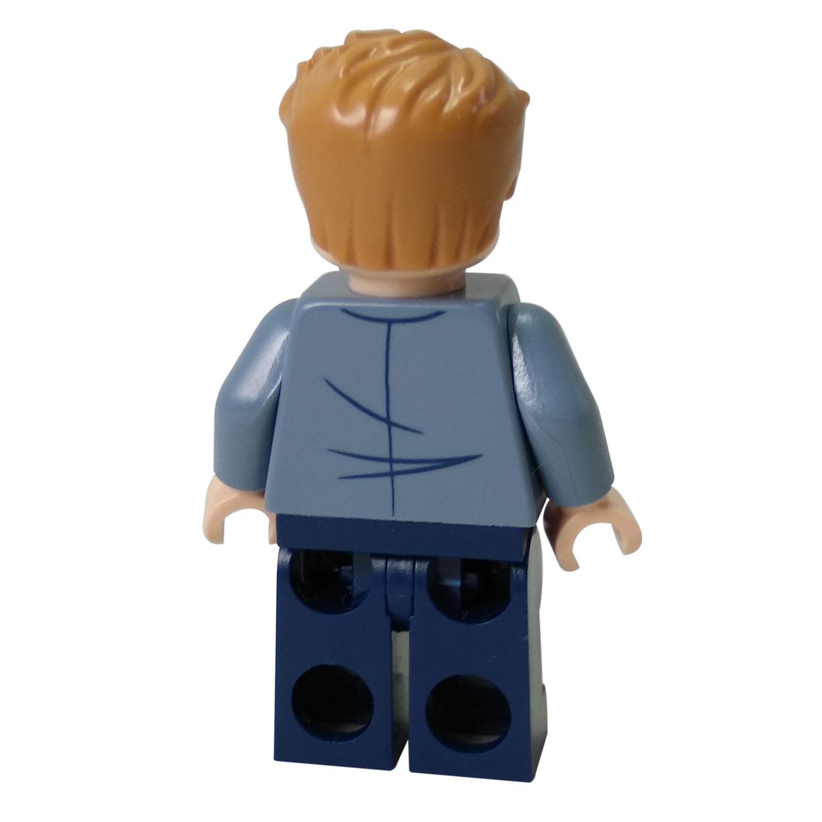 LEGO® Owen Grady minifigure back view, light blue ripped shirt with scratch marks and dark blue legs
