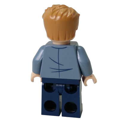 LEGO® Owen Grady minifigure back view, light blue ripped shirt with scratch marks and dark blue legs
