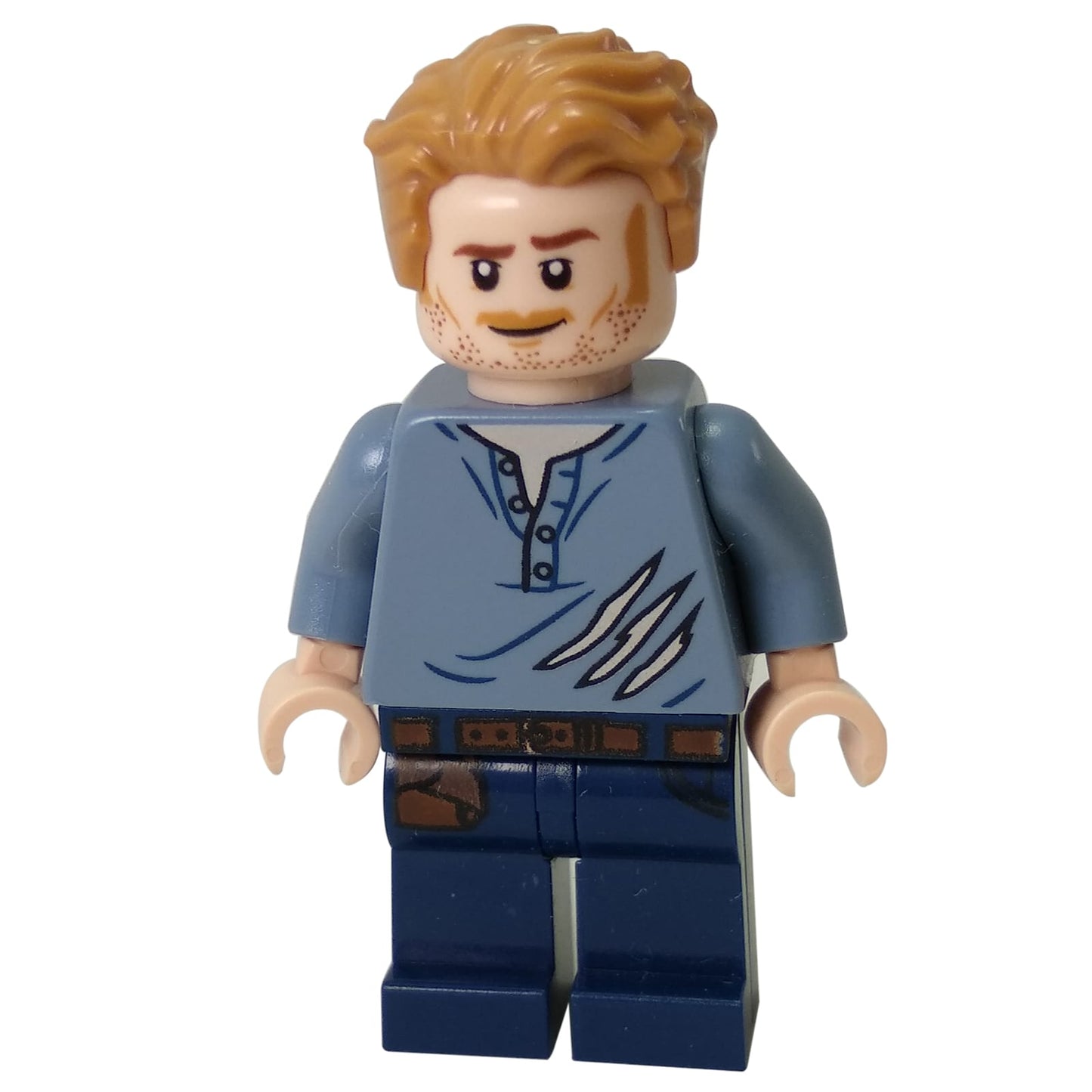 LEGO® Owen Grady minifigure front view, ripped light blue shirt with claw marks, printed belt and dark blue legs
